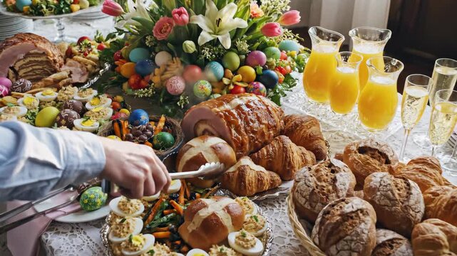 Traditional Easter feast table with glazed ham and deviled eggs. Hand serving a hot cross bun with tongs. Festive spring holiday brunch buffet with flowers and orange juice