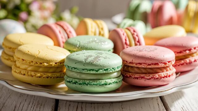 Colorful French macarons on a white plate for Easter. Sweet pastel dessert cookies on a wooden table. Spring holiday confectionery concept
