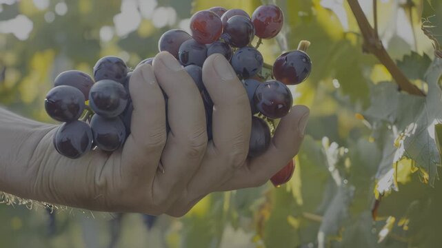 Man harvesting ripe grapes with pruning shears in a wineyard, showcasing the careful cutting and collection process in a vineyard, emphasizing the lush green leaves and sunlight
