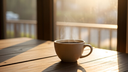 A closeup of a hot cup of coffee and a white mug of tea served on a brown wooden cafe table for a morning breakfast beverage