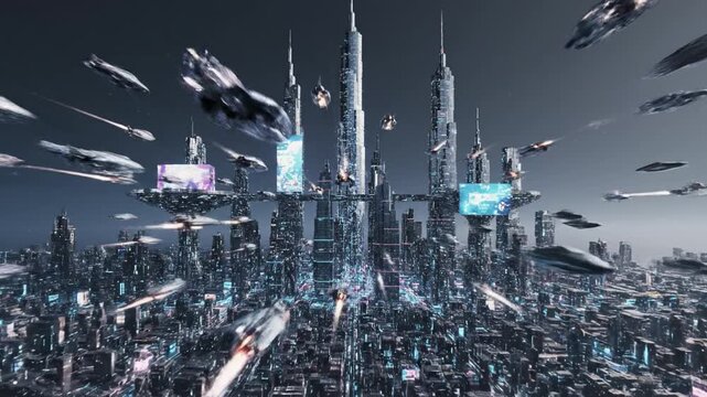 Futuristic cityscape with soaring towers illuminated by neon night glow, cyberpunk metropolis skyline featuring skybridge connected skyscraper silhouettes, flying vehicle streaks over reflective