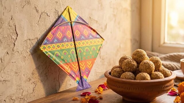 Til Ladoos in Bowl with Kite and Flowers