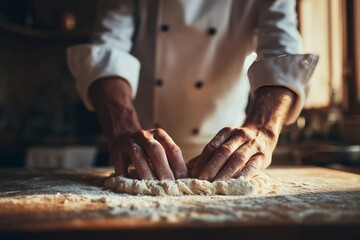 A chef works dough by hand on a floured surface, illuminated by cozy kitchen light, emphasizing artisanal cooking.