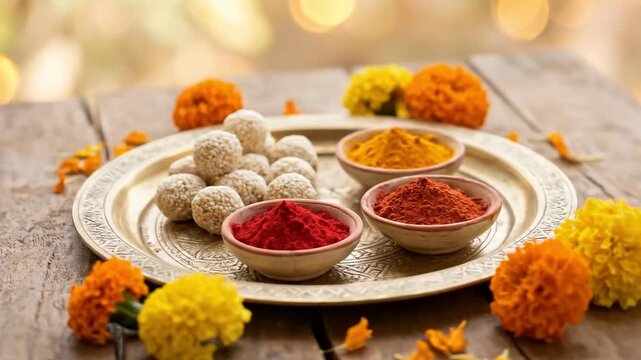 Tilgul Sweets and Haldi Kumkum on Brass Plate