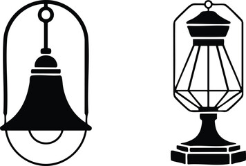 Obraz premium Minimalist Comparison of Modern and Traditional Lighting Styles, Monochrome Lighting Fixture Graphics with Geometric Details, Contemporary Hanging Lamp and Decorative Lantern Silhouettes, vector.