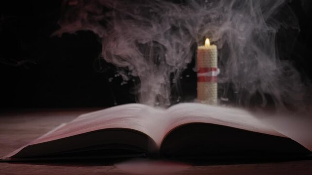 Open hardcover book on table next to burning candle surrounded by thick billowing smoke. Concept of magic spells, mystery, occult rituals and historical knowledge.