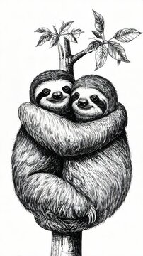 Illustrative portrait of two furry sloths hugging each other on a tree branch, black and white ink drawing on white background with leaves