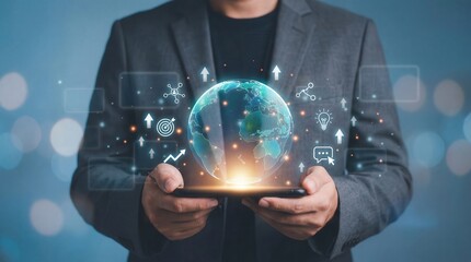 A professional in a suit holds a tablet showing a radiant digital globe surrounded by diverse business and technology icons illustrating global connectivity innovation an
