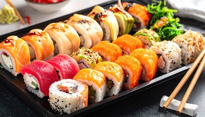 Assortment of Fresh Sushi Rolls and Nigiri on a Platter with Chopsticks.