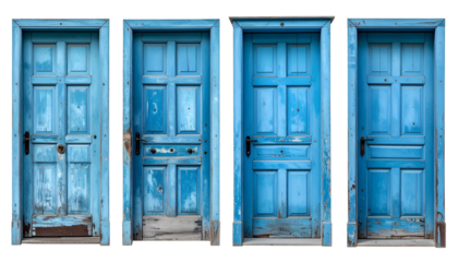 Four antique, weathered blue doors in a row against a black background
