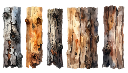 Watercolor rendering of five tree trunk sections with varying shades and textures