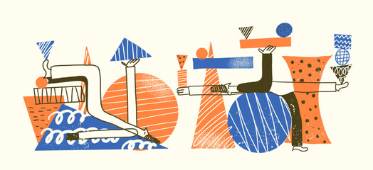 Abstract Business Teamwork Illustration with Diverse People Balancing Geometric Shapes