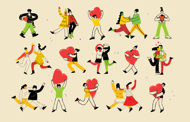 Diverse couples and characters carrying giant hearts in naive flat style