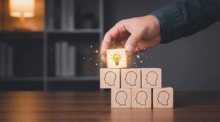 A human hand carefully places a glowing lightbulb idea block on wooden head profile cubes symbolizing teamwork brainstorming and innovation in a softly lit indoor office 