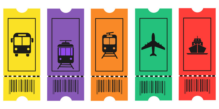 Colorful Travel Tickets with Various Transportation Icons