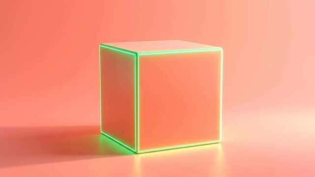 A neon-outlined cube glows against a coral backdrop. The minimalist design evokes futuristic aesthetic