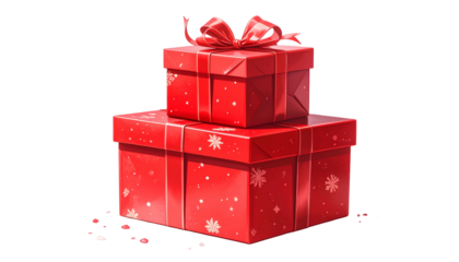 Two festive red gift boxes, one atop the other, adorned with ribbons and white snowflake details