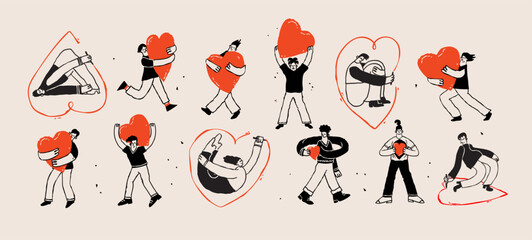 Emotional Intelligence and Mental Health Concept. Naive Characters Sharing Love and Kindness in Textured Vector Style