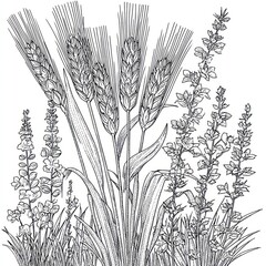 Fototapeta premium A black and white illustration of wheat and wildflowers. Detailed botanical scene