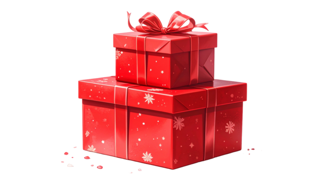 Two festive red gift boxes, one atop the other, adorned with ribbons and white snowflake details - Powered by Adobe