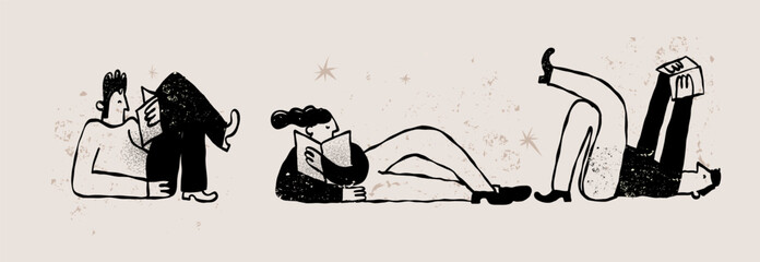Diverse People Reading Books Lifestyle Set in Naive Hand Drawn Style