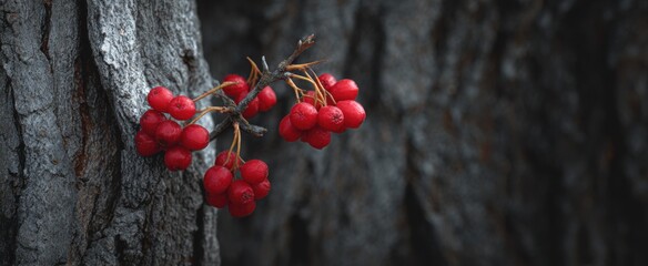 Fototapeta premium Bright red fruits pop against rough gray wood showing strength in minimalism