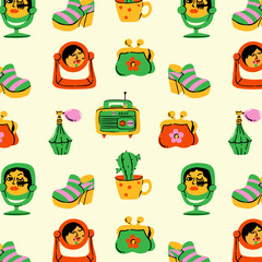 Retro Mid Century Lifestyle Objects Seamless Pattern with Vintage Furniture and Home Decor