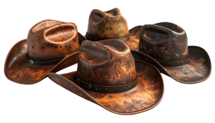 Close-up of four richly textured leather cowboy hats with varying patterns and finishes