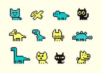 Retro Pixel Art Animal Set with Nostalgic Video Game Aesthetic