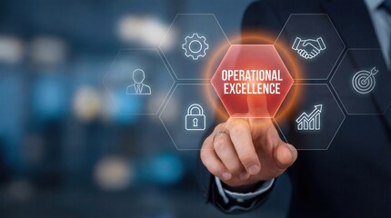 Businessman points to a glowing virtual button Operational Excellence surrounded by business icons on a futuristic digital screen showing strategy and performance goals