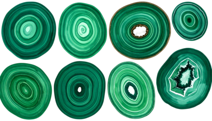 Sliced, concentric-banded, green stones with varying center patterns on black