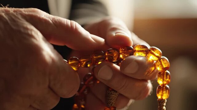 Close-up of elderly hands counting amber prayer beads. Muslim man praying with tasbih during Ramadan. Islamic faith and spirituality concept