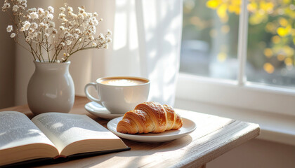 Cozy winter breakfast with coffee cup and croissant
