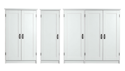 Three white wooden storage cabinets of varying widths with black handles