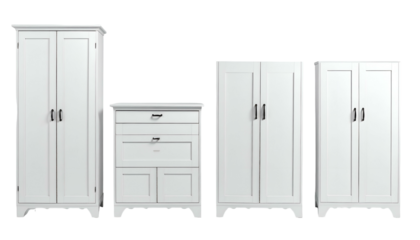 Render of four matching white wooden cabinets and chest of drawers, isolated on a black backdrop