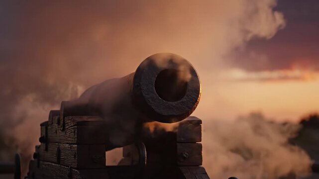 Antique cannon firing with a powerful explosion of smoke and fire at sunset. Historical artillery weapon blasting in slow motion against a dramatic evening sky. Ramadan Iftar tradition concept