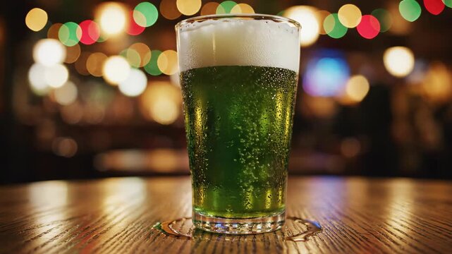 Glass of cold green beer with foam and bubbles on a wooden table. Traditional Irish alcoholic beverage for St. Patrick's Day celebration in a pub with colorful bokeh lights background