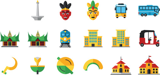 Naklejka premium Comprehensive Indonesian culture and city life vector icon set featuring traditional masks, monuments, temples, public transport buses, tuk-tuks, and local government buildings.