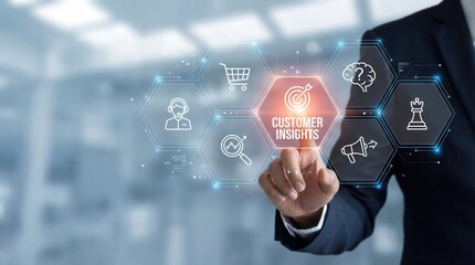 Businessman in dark suit touches glowing digital screen highlighting customer insights surrounded by abstract icons data analysis strategy marketing modern bright office