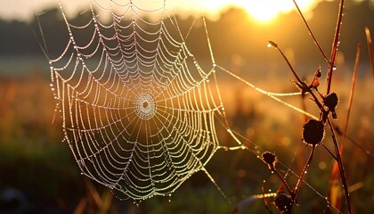 Spiderweb glistening with morning dew in a field at sunrise.
