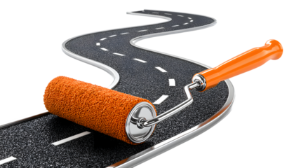 Orange roller painting winding road isolated on a transparent background