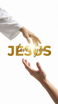 Hand in a white robe reaching towards a human hand. Vertical video of gold text saying Jesus loves you on a white background. Christian faith and divine connection concept