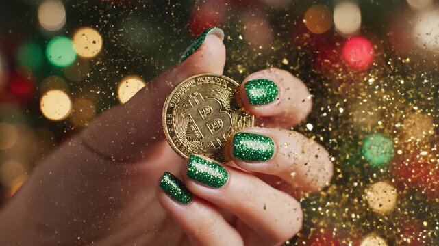 Close-up of a hand with green glitter nails holding a gold Bitcoin. Golden sparkles falling on cryptocurrency with festive bokeh lights. St. Patrick's Day or Christmas investment concept