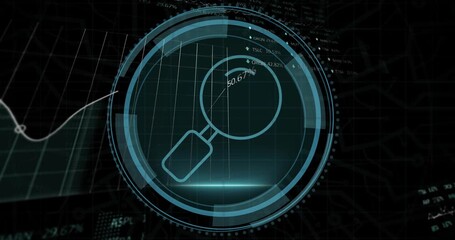 Animation of magnifying glass digital icon and data processing over black background - Powered by Adobe