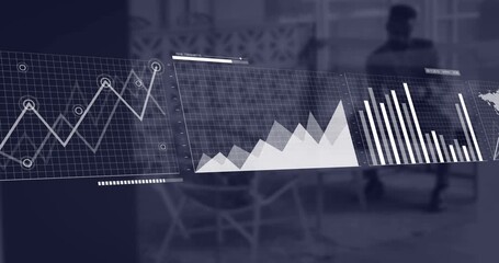 Businessman uses phone to view animated financial data for global business. - Powered by Adobe