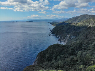Fototapeta premium Wide aerial view of forested cliffs and calm ocean coastline under dramatic clouds on Shikoku Japan