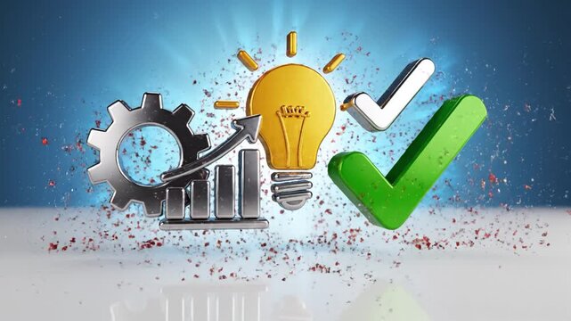 Bright idea light bulb with gear and rising bar chart plus green check mark symbolizing innovation growth success. retro alarm clock 700 AM with sparkling light burst energy. exploding metallic