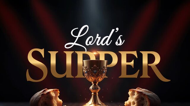 Lord's Supper text title with golden chalice and broken bread on a wooden table. Christian Communion concept with dramatic red lighting and floating particles