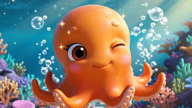 An adorable, whimsical cartoon octopus character winks playfully underwater, surrounded by shimmering bubbles and vibrant coral reef scenery