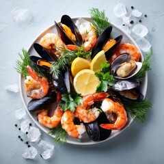 Fresh seafood platter with shrimp, mussels, and lemon